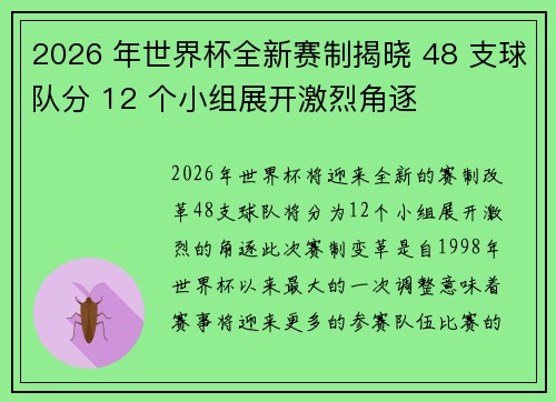 2026 年世界杯全新赛制揭晓 48 支球队分 12 个小组展开激烈角逐