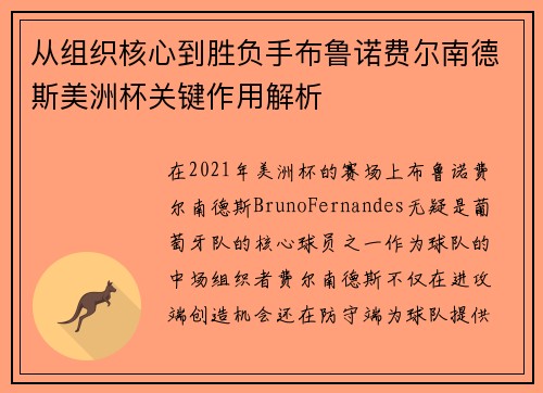 从组织核心到胜负手布鲁诺费尔南德斯美洲杯关键作用解析