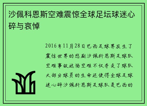 沙佩科恩斯空难震惊全球足坛球迷心碎与哀悼 沙佩科恩斯空难震惊全球足坛球迷心碎与哀悼