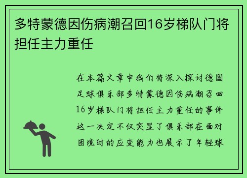 多特蒙德因伤病潮召回16岁梯队门将担任主力重任 多特蒙德因伤病潮召回16岁梯队门将担任主力重任