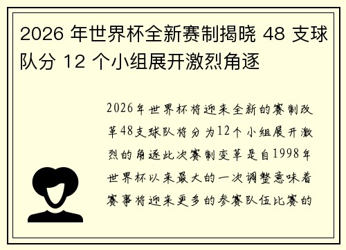 2026 年世界杯全新赛制揭晓 48 支球队分 12 个小组展开激烈角逐